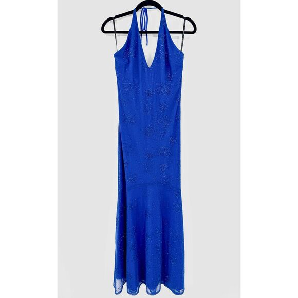 GUNNE SAX | JESSICA MCCLINTOCK Blue Sequin Halter Top Max Dress Gown Size 7 - Picture 1 of 8